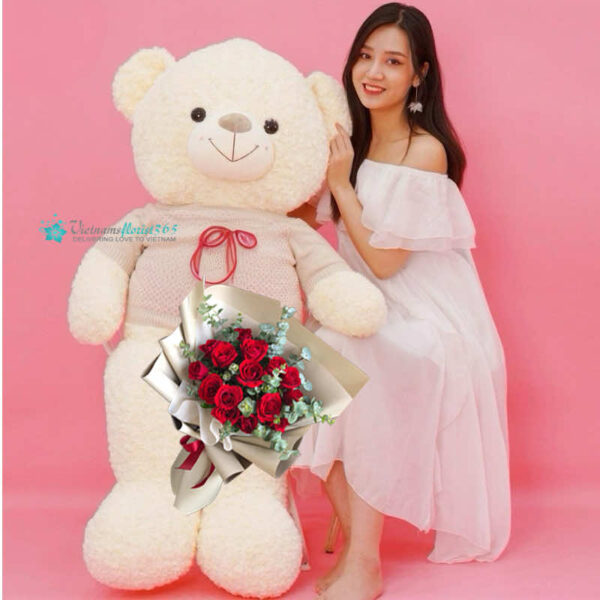 Giant Teddy Bear/ 12 Red Roses in Bouquet - Image 2